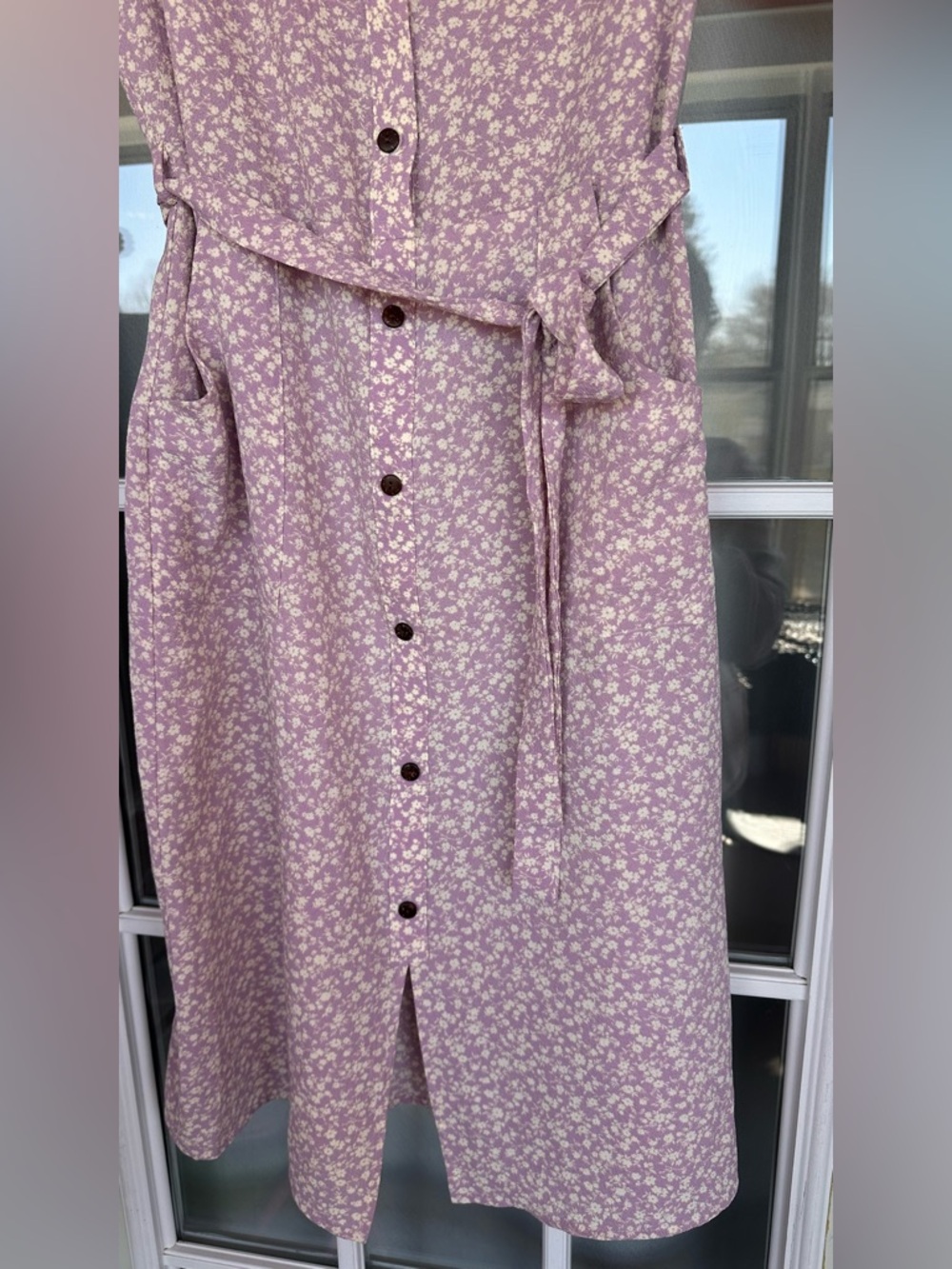 Monteau Georgette Purple Cream Floral Button FrontTie Shirt Midi Dress - size L - Picture 3 of 6